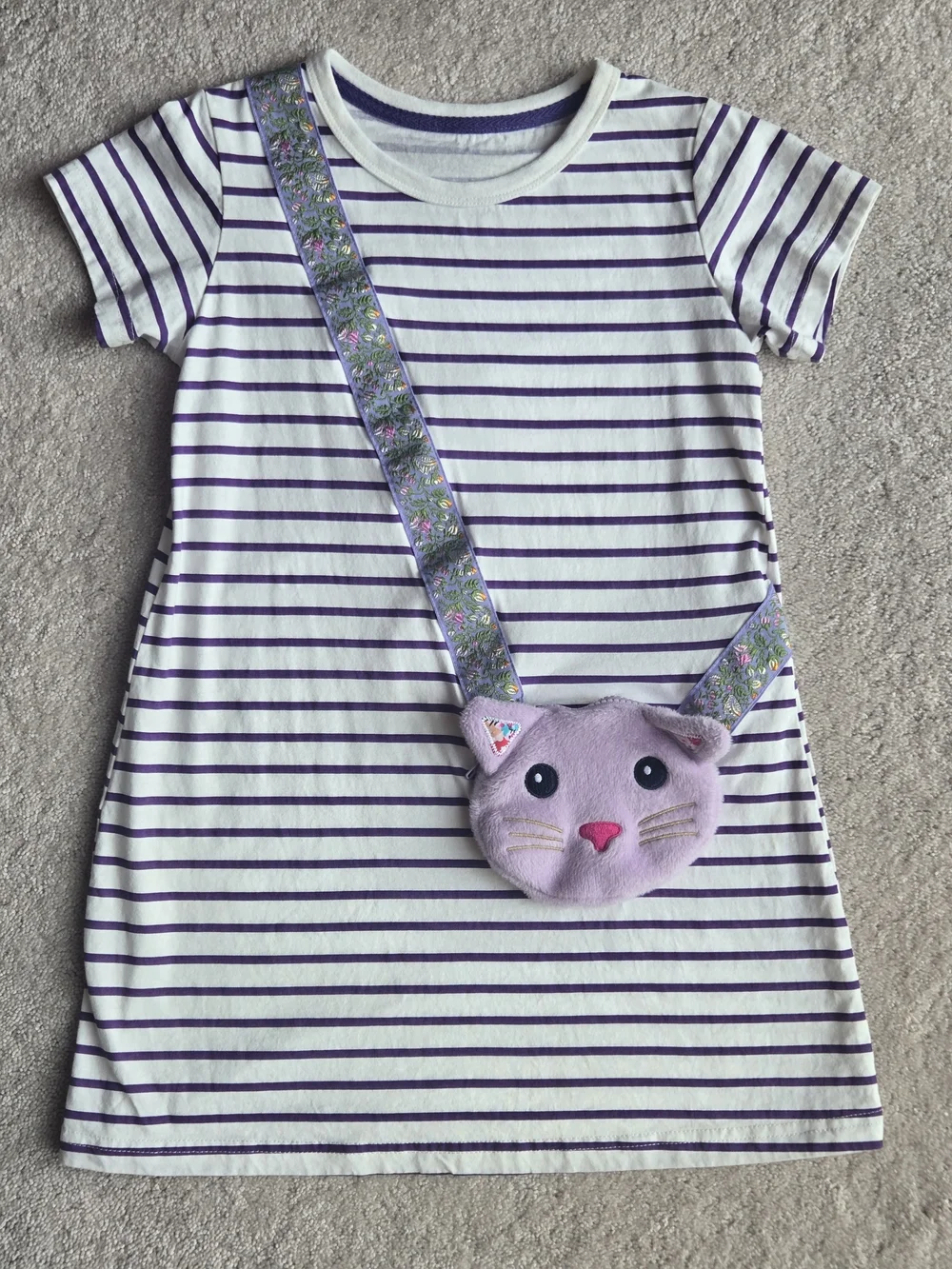 Girls Purple Striped Tee Dress with Lilac Cat Crossbody